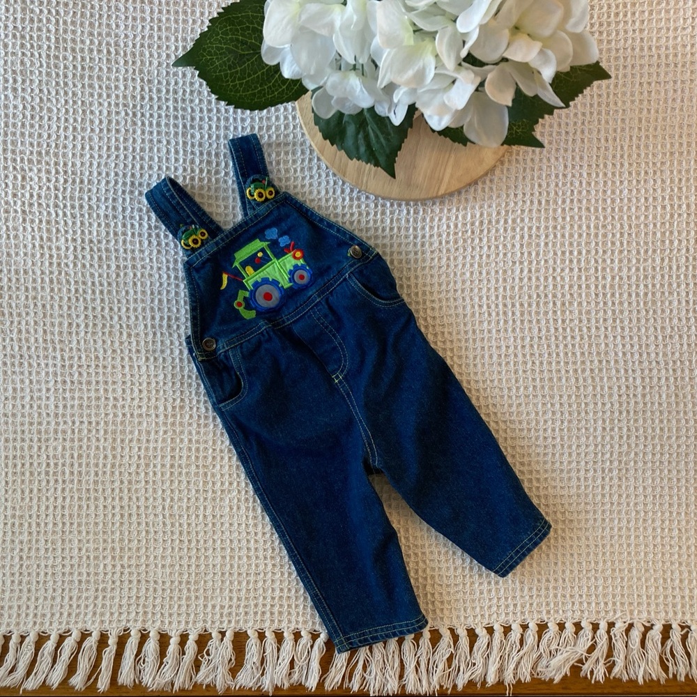 Vintage Denim Overalls with Embroidered Green Tractor and Tractor Buttons